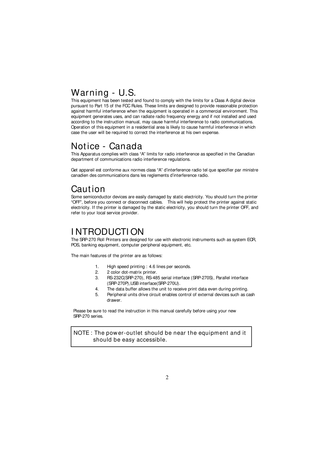 Samsung SRP-270 Series specifications Introduction 