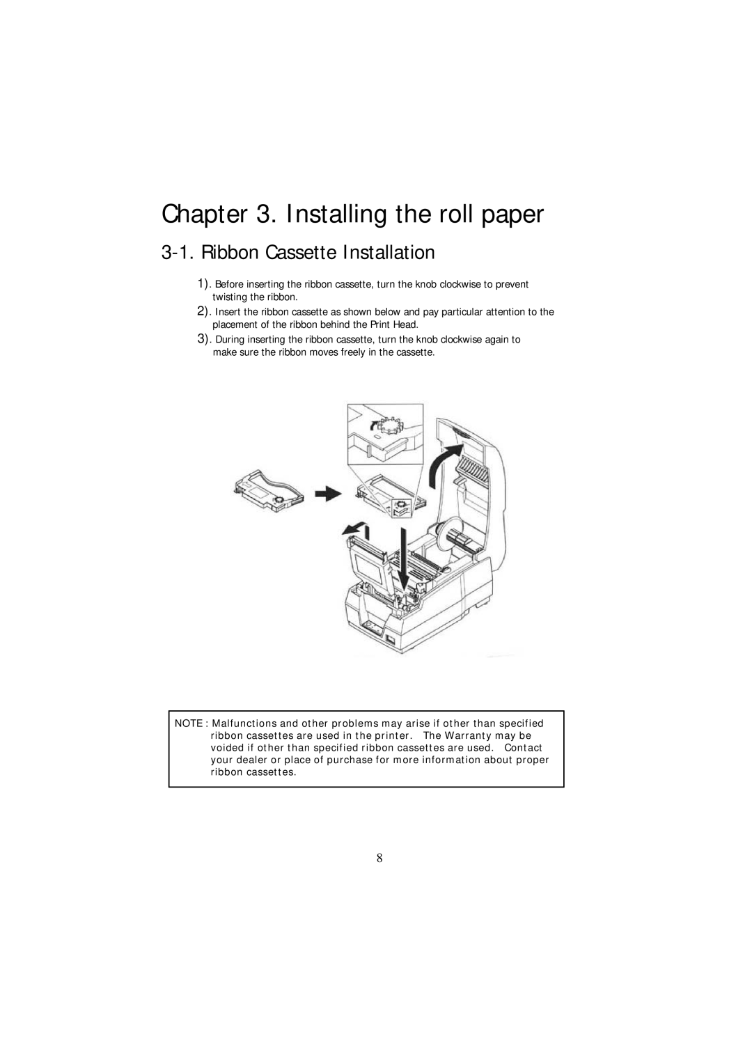 Samsung SRP-270 Series specifications Installing the roll paper, Ribbon Cassette Installation 