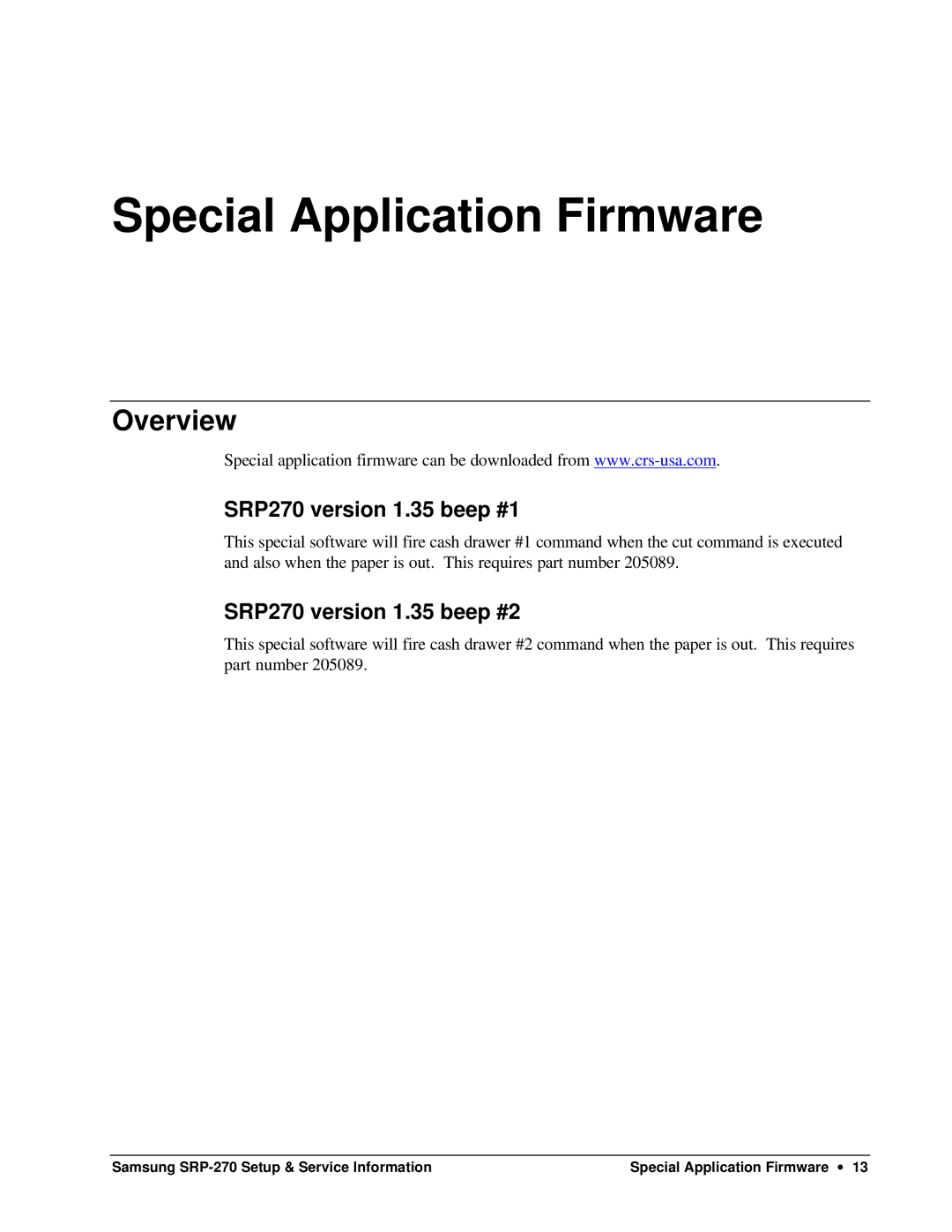 Samsung SRP-270 specifications Special Application Firmware, SRP270 version 1.35 beep #1, SRP270 version 1.35 beep #2 