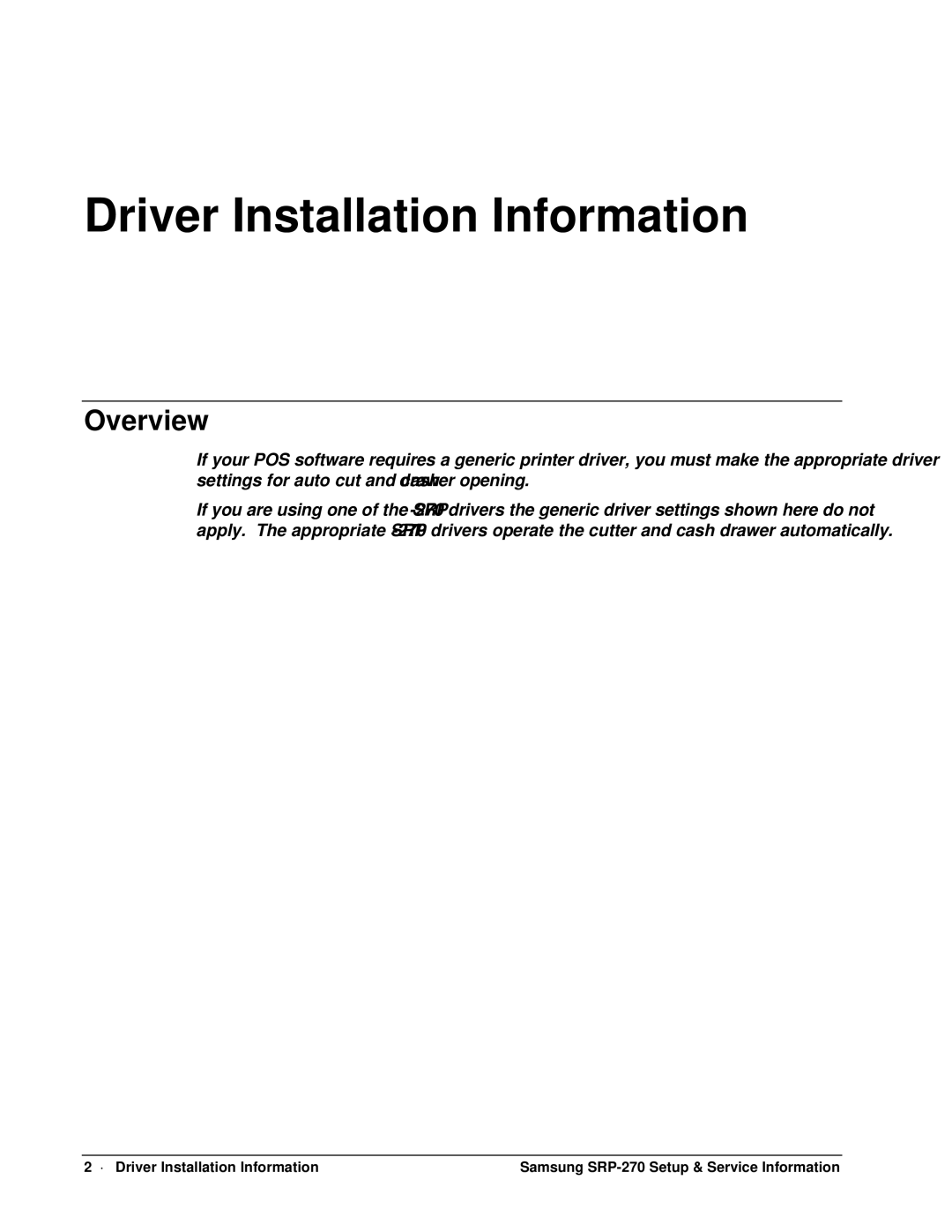 Samsung SRP-270 specifications Driver Installation Information, Overview 