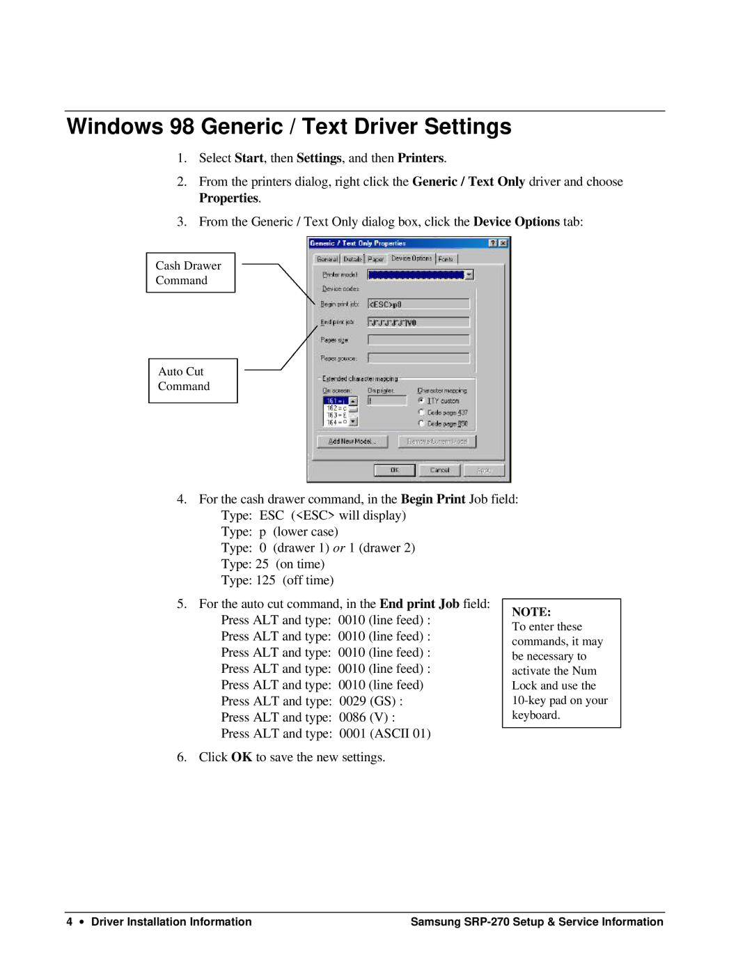 Samsung SRP-270 specifications Windows 98 Generic / Text Driver Settings 