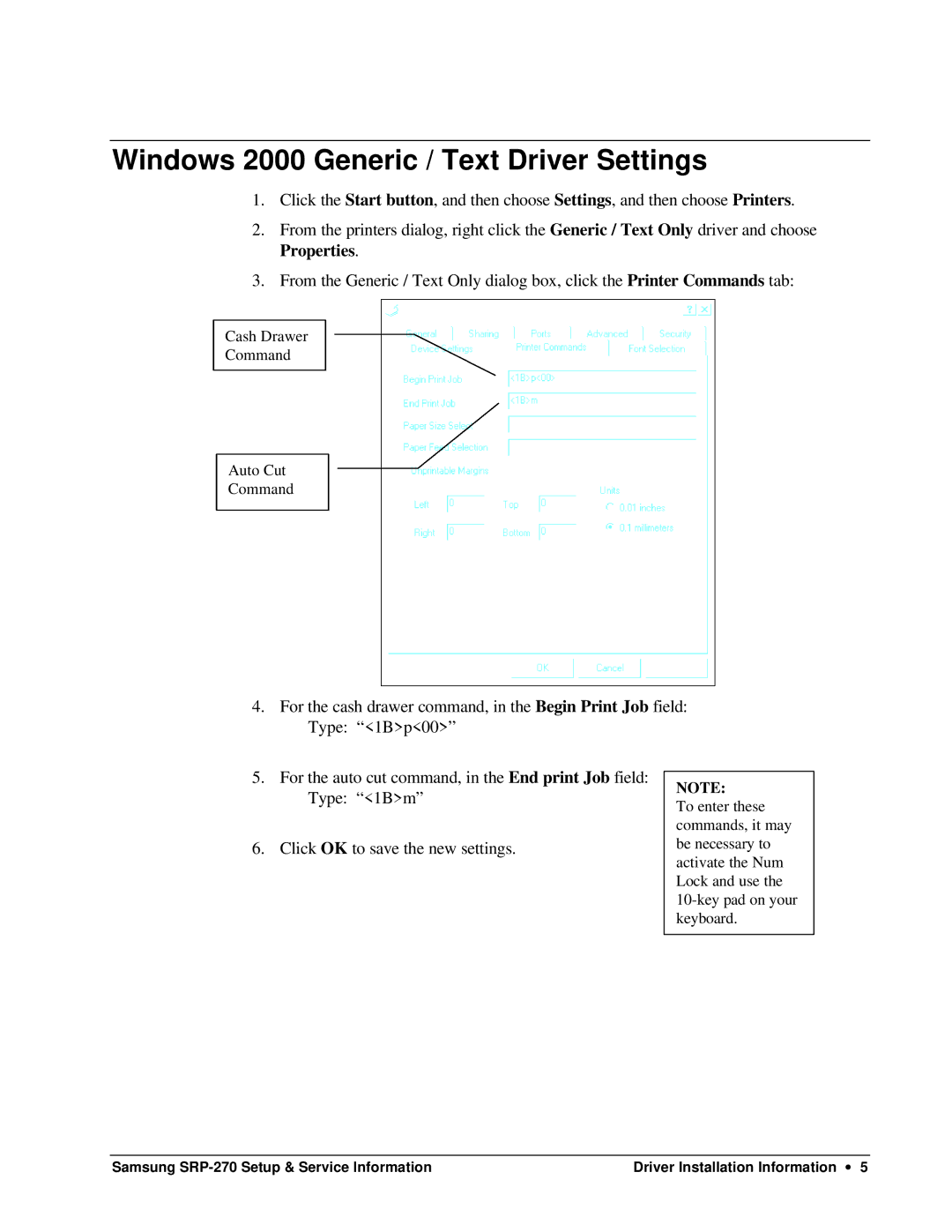 Samsung SRP-270 specifications Windows 2000 Generic / Text Driver Settings 