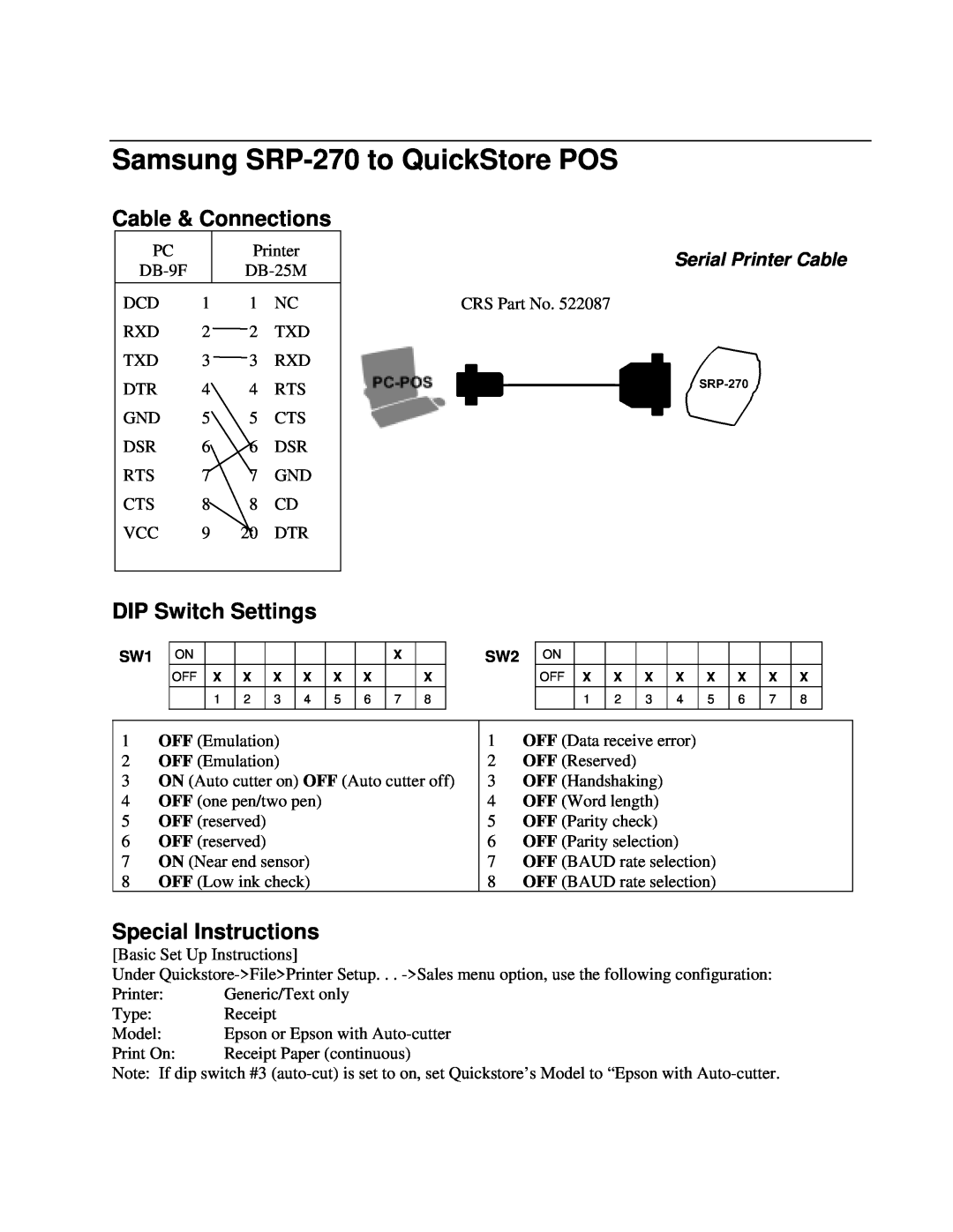 Samsung manual Samsung SRP-270 to QuickStore POS, Cable & Connections, DIP Switch Settings, Special Instructions 