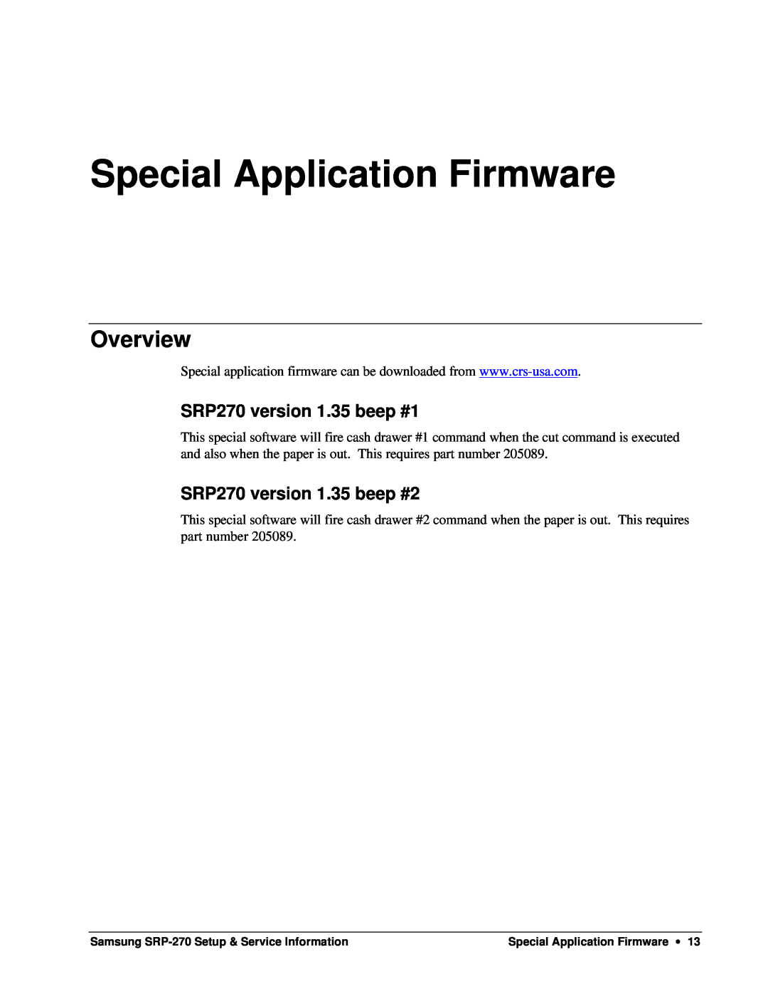 Samsung SRP-270 Special Application Firmware, SRP270 version 1.35 beep #1, SRP270 version 1.35 beep #2, Overview 