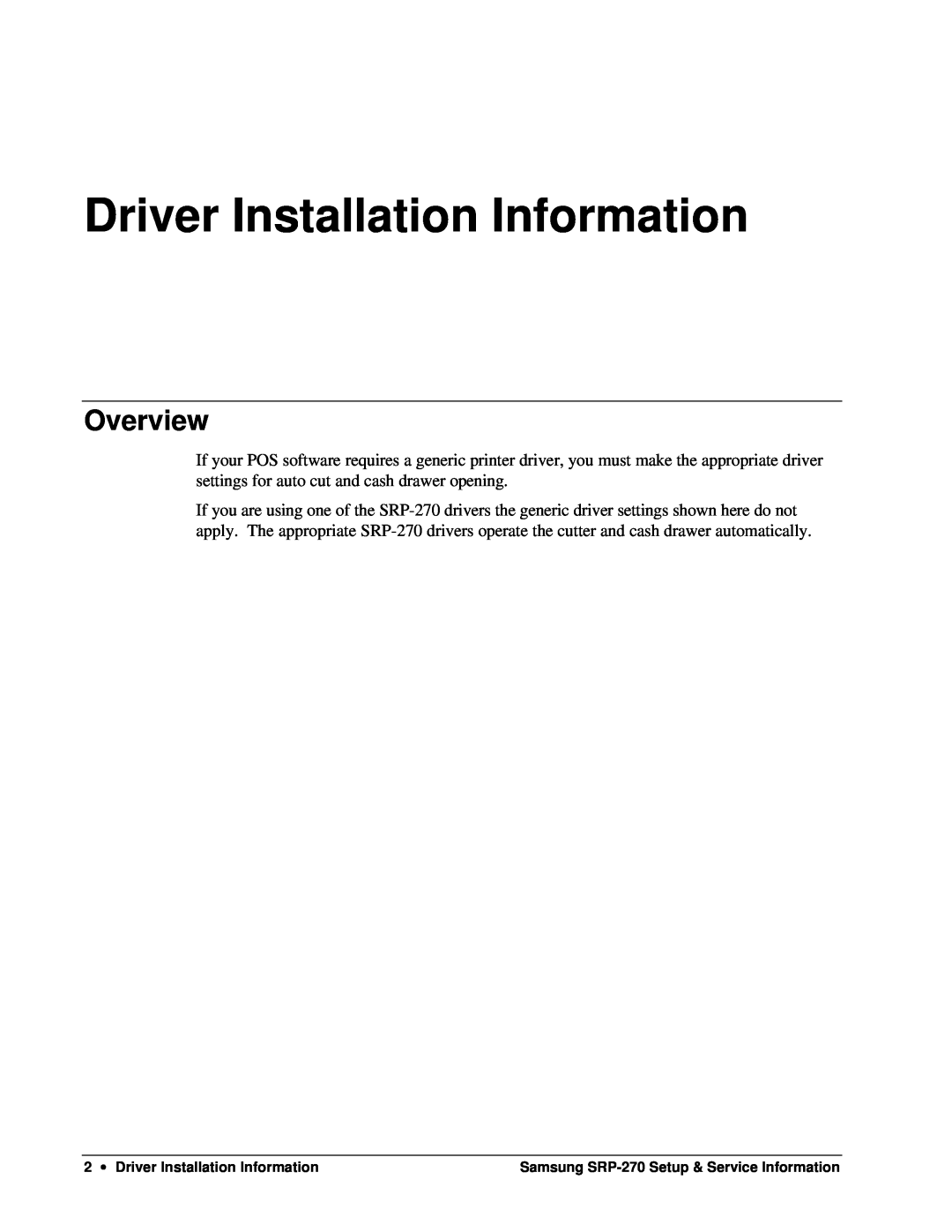Samsung SRP-270 specifications Driver Installation Information, Overview 