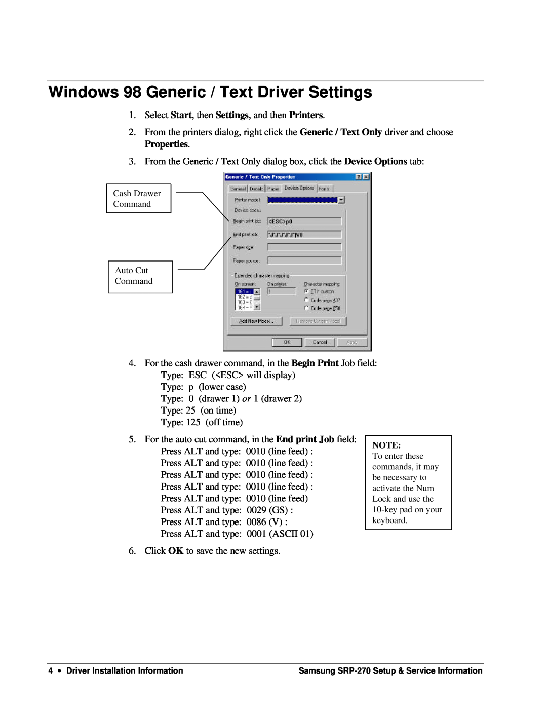 Samsung SRP-270 specifications Windows 98 Generic / Text Driver Settings, Cash Drawer Command Auto Cut Command 