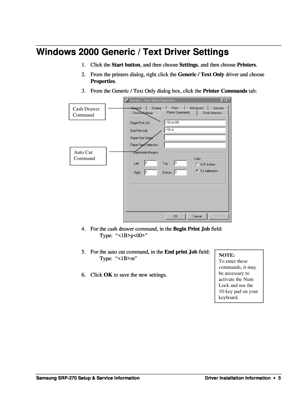 Samsung SRP-270 specifications Windows 2000 Generic / Text Driver Settings 