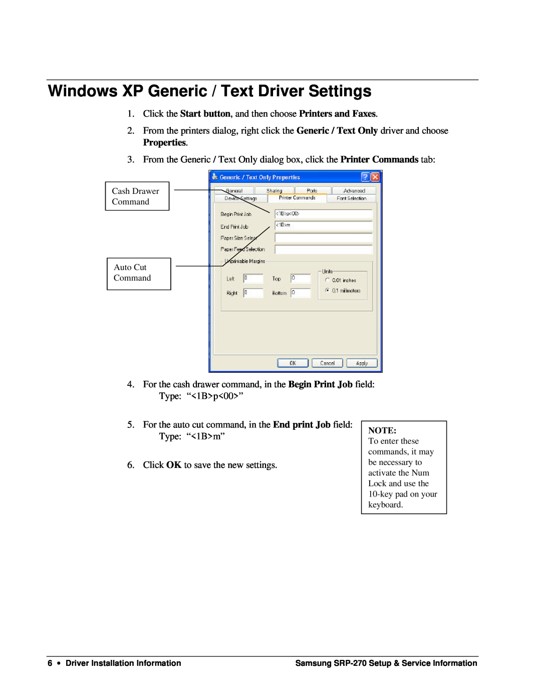 Samsung SRP-270 Windows XP Generic / Text Driver Settings, Click the Start button, and then choose Printers and Faxes 