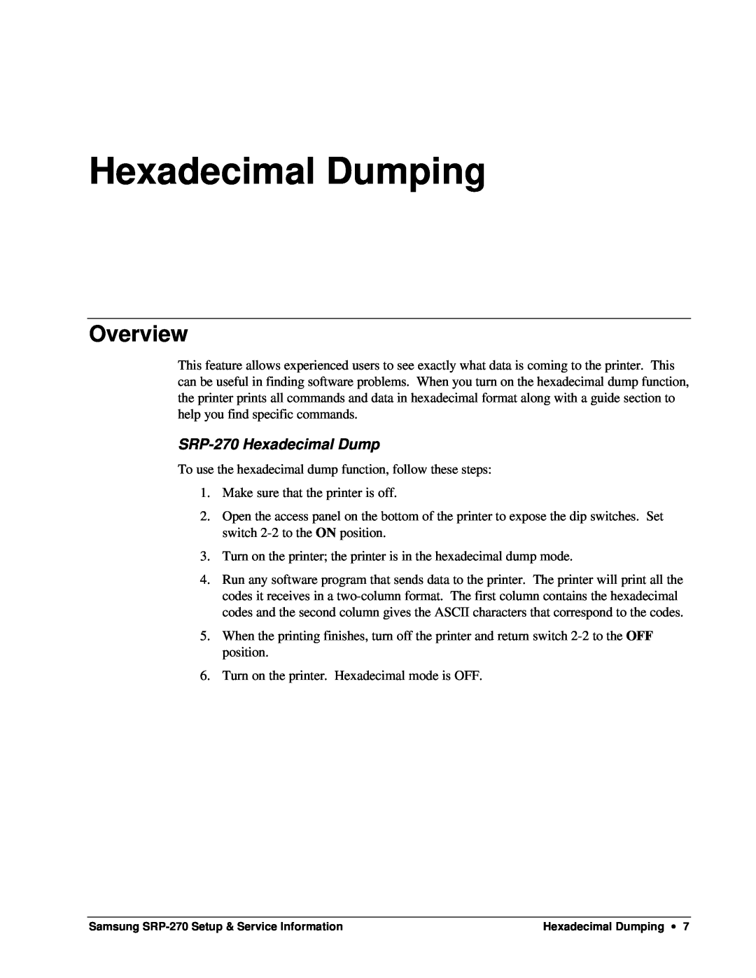 Samsung specifications Hexadecimal Dumping, SRP-270 Hexadecimal Dump, Overview 
