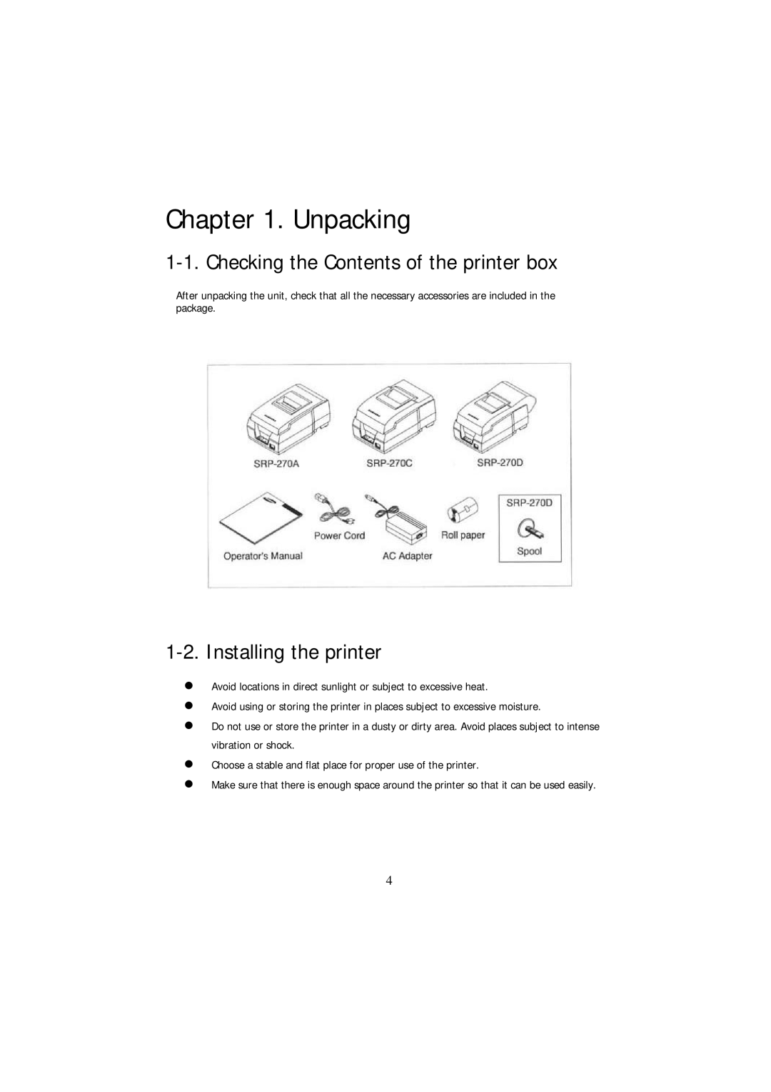 Samsung SRP-270P, SRP-270S, SRP-270U Unpacking, Checking the Contents of the printer box, Installing the printer 