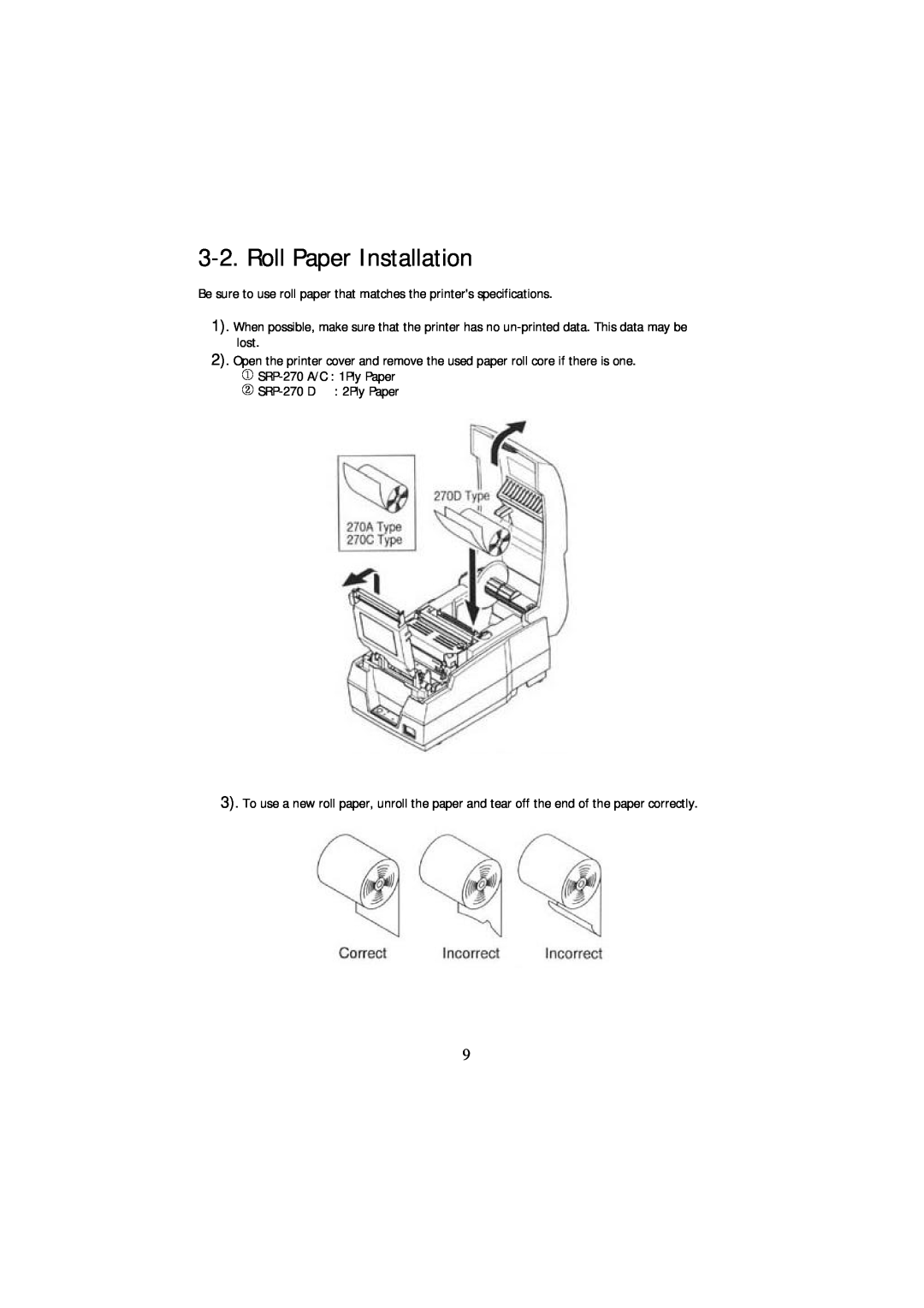 Samsung SRP-270S, SRP-270P, SRP-270U specifications Roll Paper Installation 