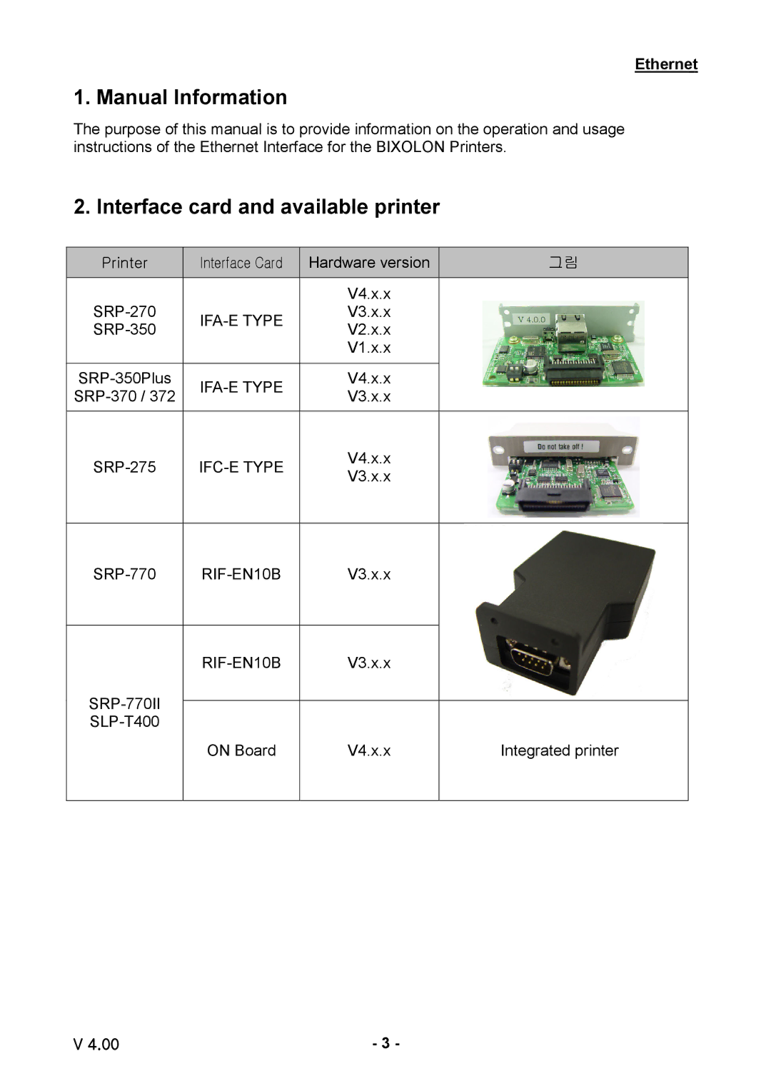 Samsung SRP-275, SRP-770 / 770II, SRP-350plus, SLP-T400 Manual Information, Interface card and available printer 