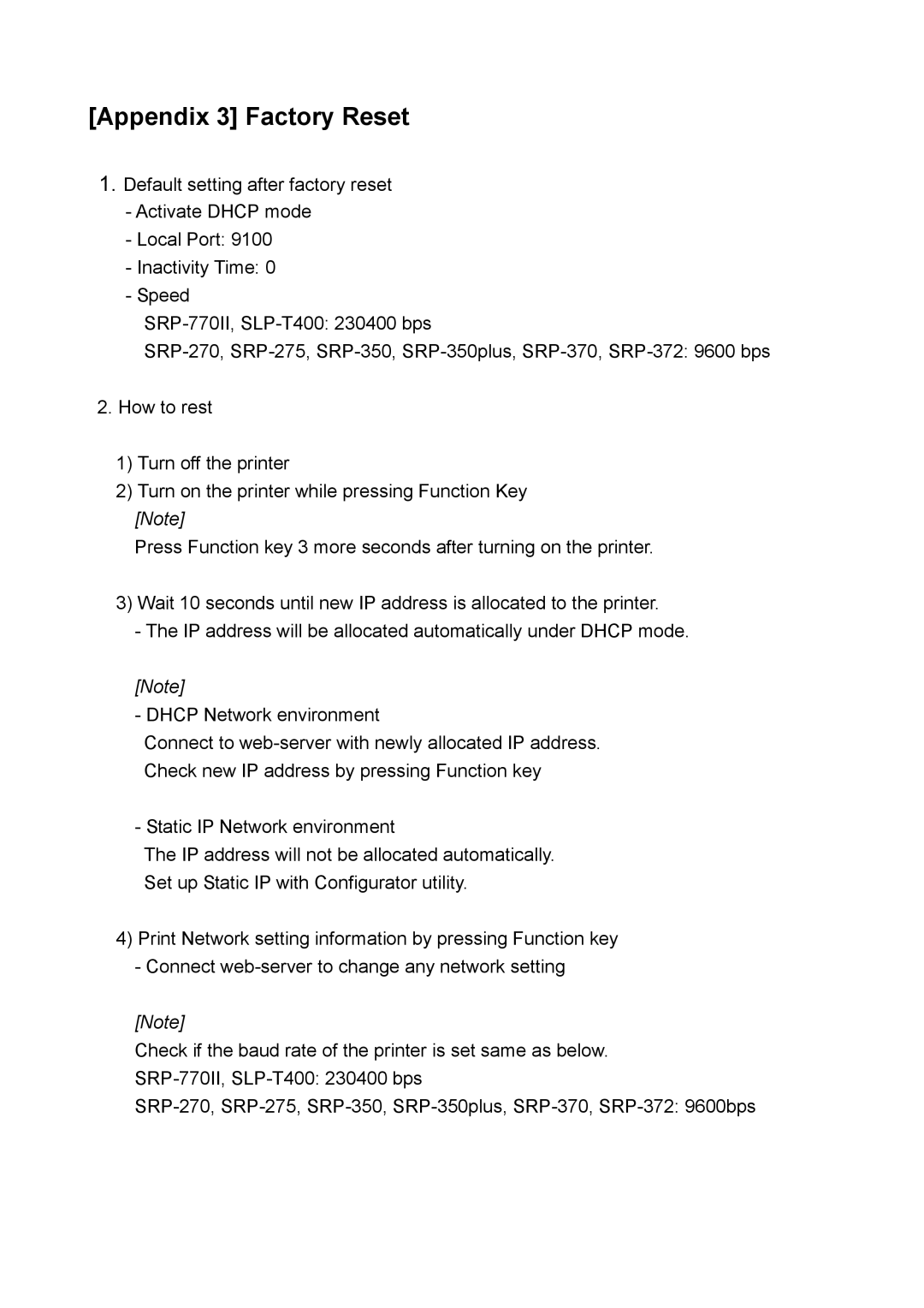 Samsung SRP-370 / 372, SRP-275, SRP-770 / 770II, SRP-350plus, SLP-T400 user manual Appendix 3 Factory Reset 