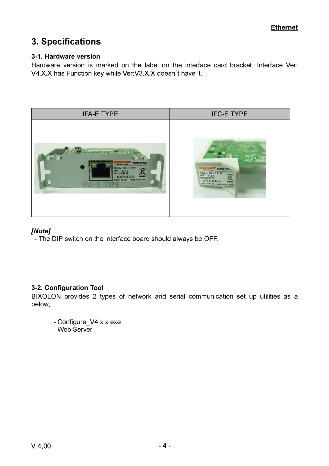 Samsung SLP-T400, SRP-275, SRP-770 / 770II, SRP-350plus, SRP-370 / 372 user manual Specifications, IFA-E Type IFC-E Type 