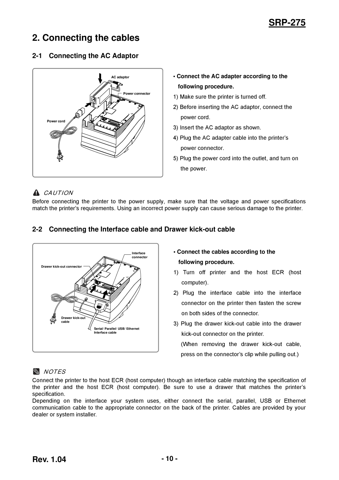 Samsung user manual SRP-275 Connecting the cables, Connecting the AC Adaptor 