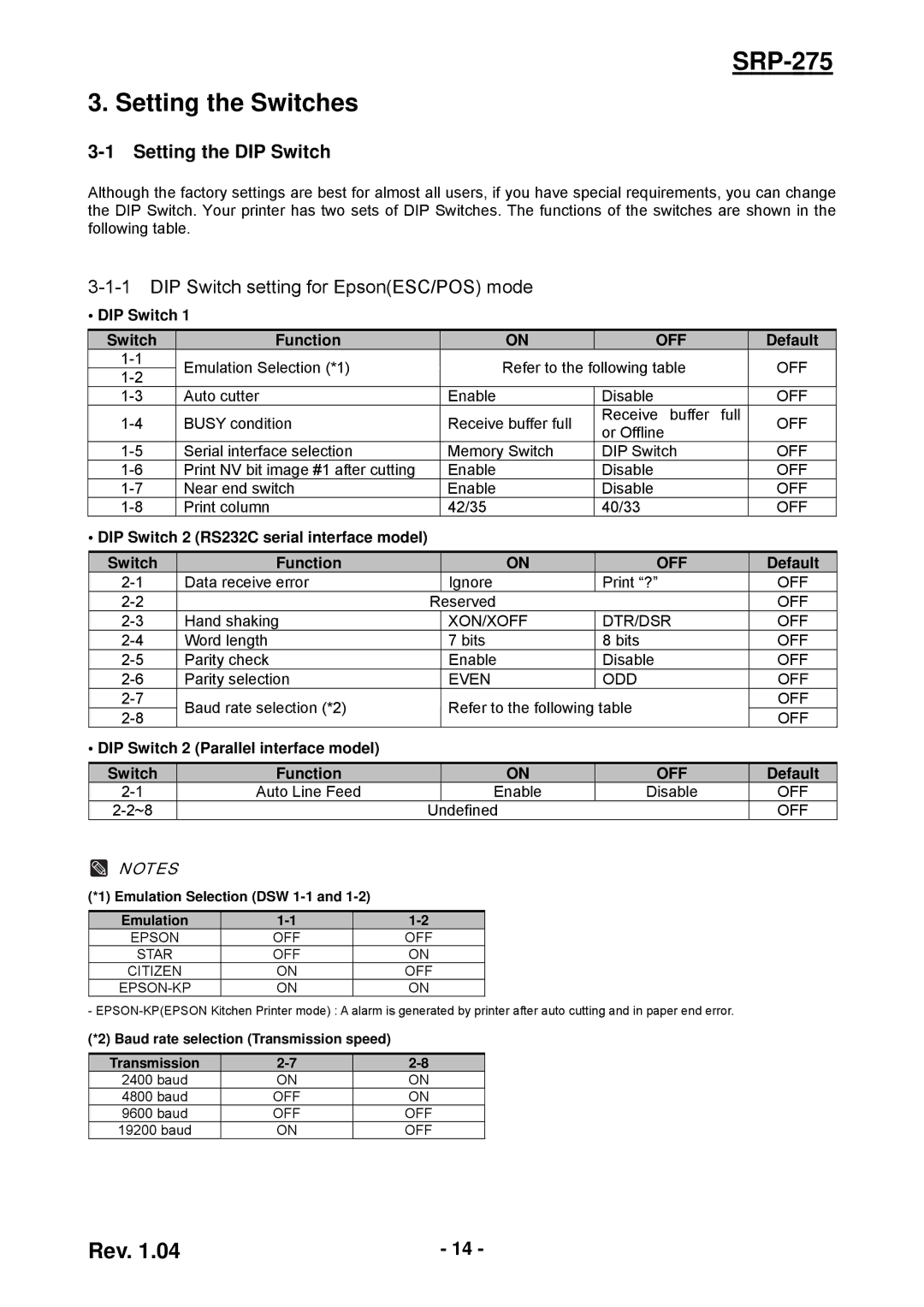 Samsung user manual SRP-275 Setting the Switches, Setting the DIP Switch, DIP Switch setting for EpsonESC/POS mode 