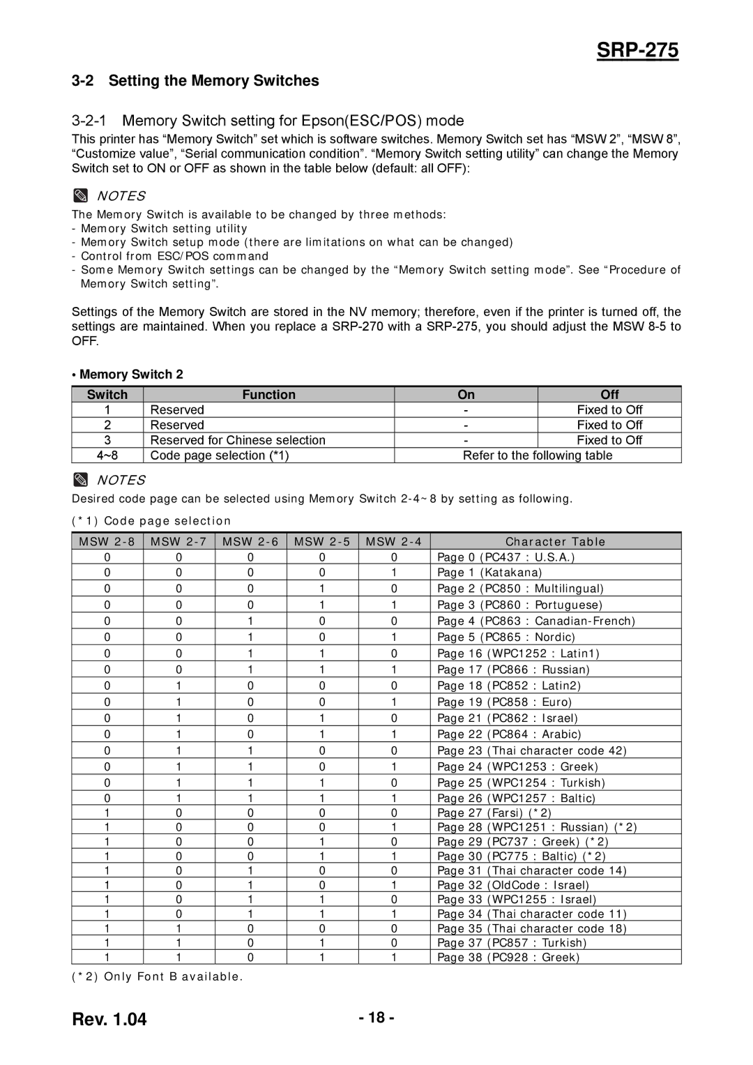 Samsung SRP-275 Setting the Memory Switches, Memory Switch setting for EpsonESC/POS mode, Memory Switch Function, Off 