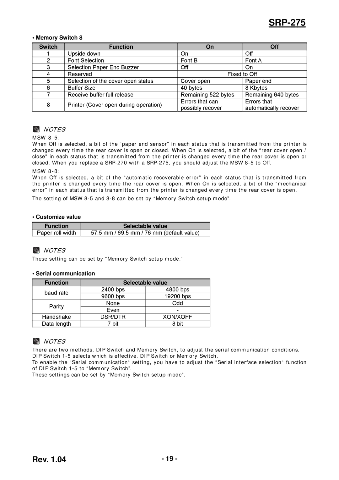 Samsung SRP-275 user manual Customize value Function Selectable value, Serial communication Function Selectable value 