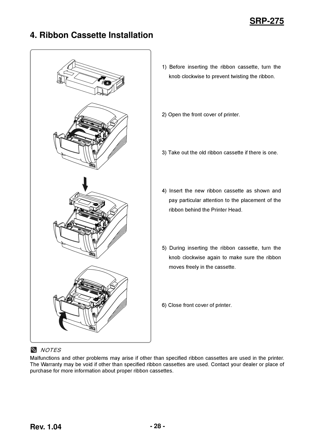 Samsung user manual SRP-275 Ribbon Cassette Installation 