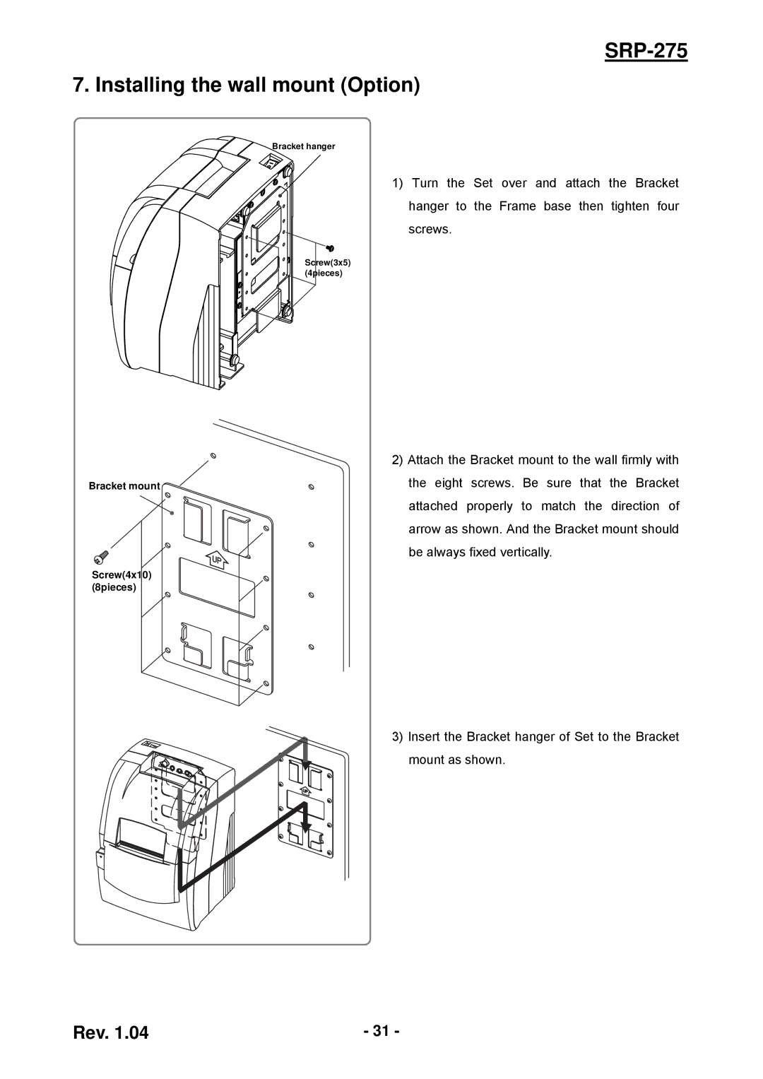 Samsung user manual SRP-275 Installing the wall mount Option 