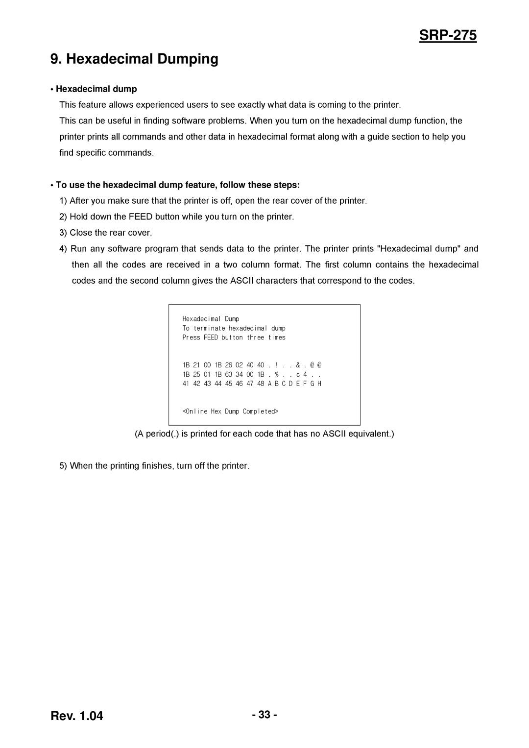 Samsung SRP-275 Hexadecimal Dumping, Hexadecimal dump, To use the hexadecimal dump feature, follow these steps 