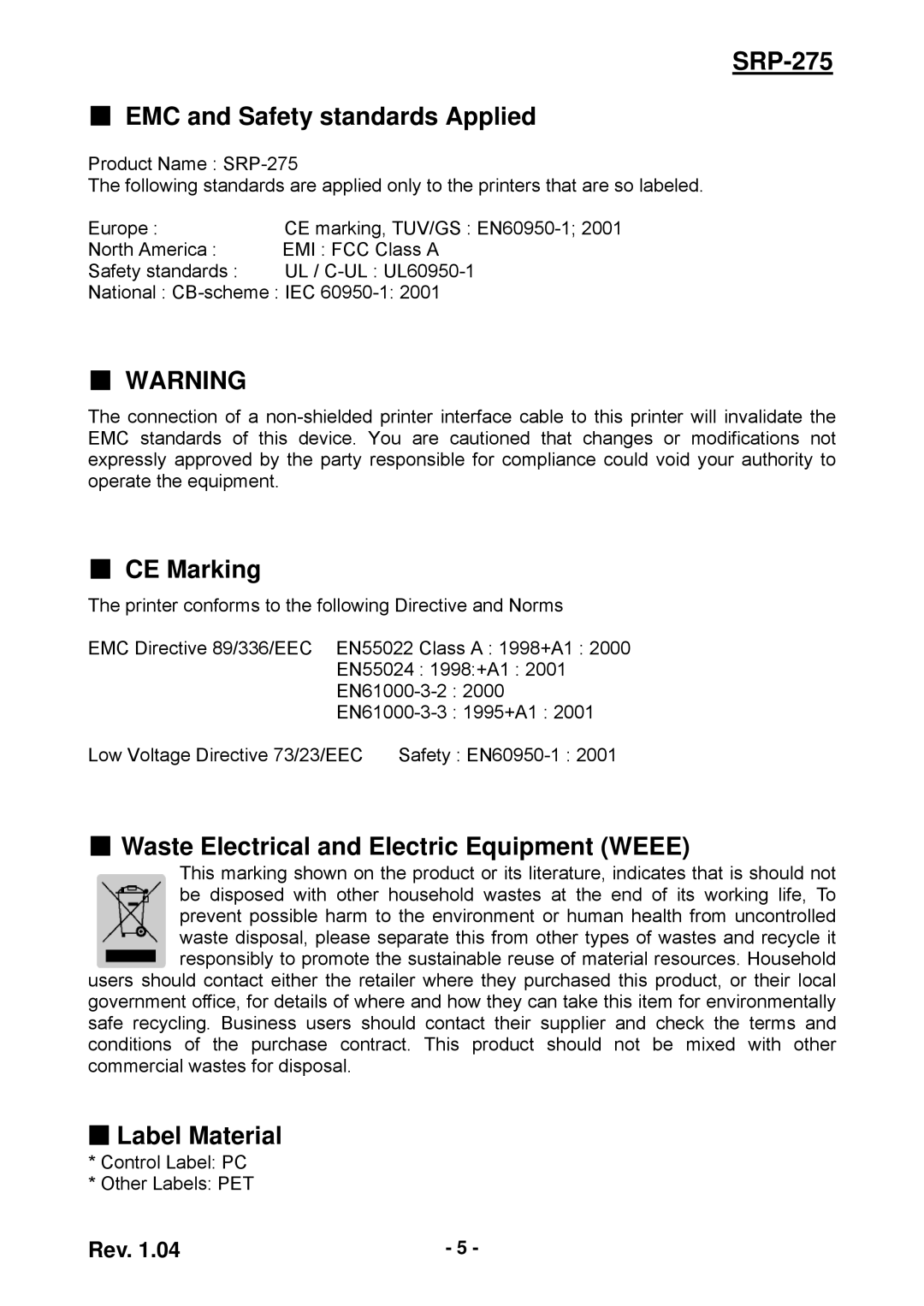 Samsung user manual SRP-275 EMC and Safety standards Applied, CE Marking, Waste Electrical and Electric Equipment Weee 