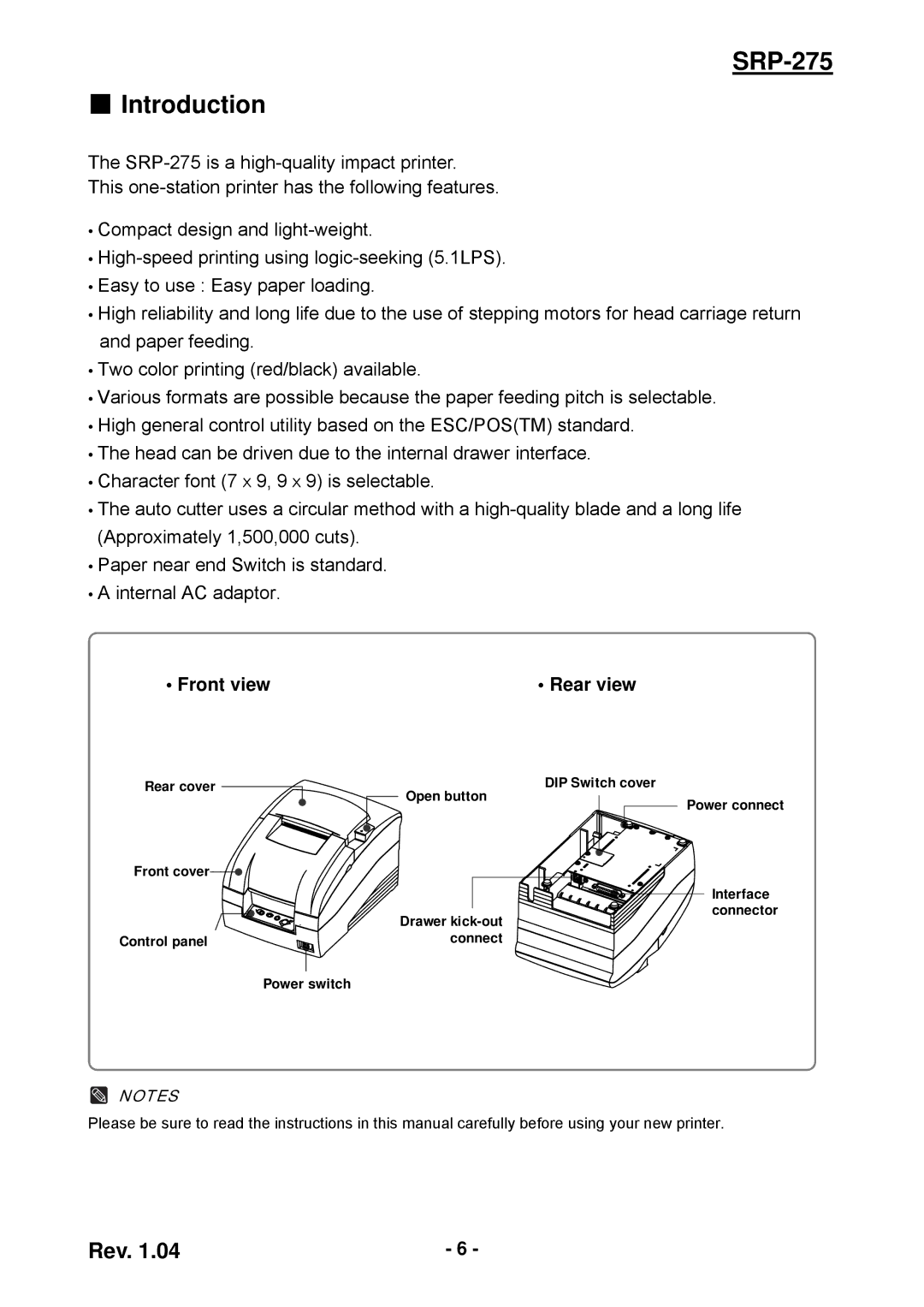 Samsung user manual SRP-275 Introduction, Front view, Rear view 