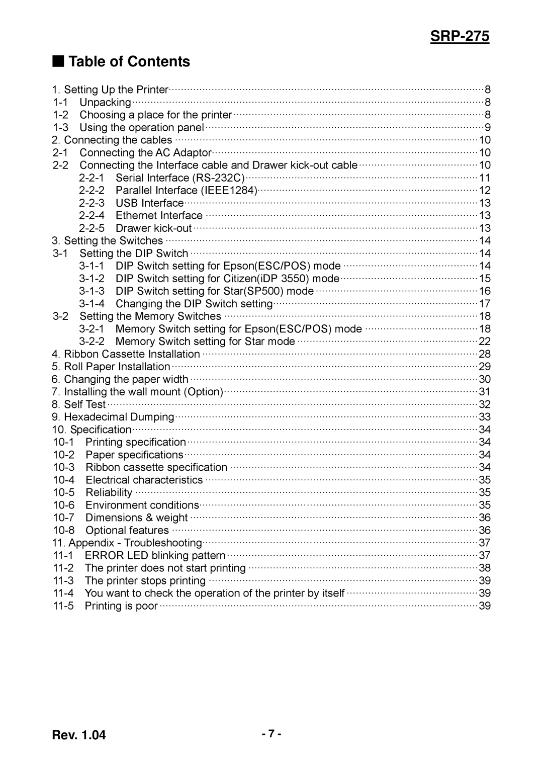 Samsung user manual SRP-275 Table of Contents 