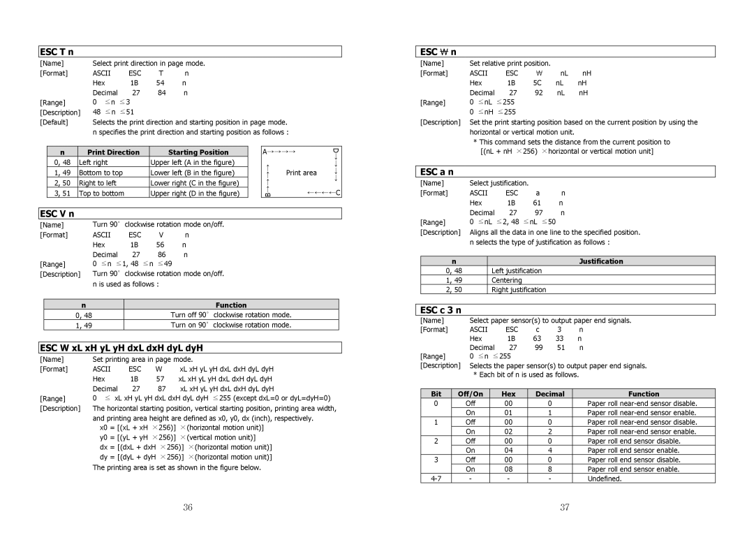 Samsung SRP-350 specifications ESC T n, ESC V n ESC ₩ n, ESC a n, ESC W xL xH yL yH dxL dxH dyL dyH, ESC c 3 n 