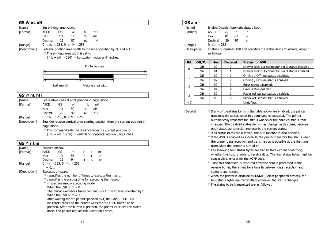 Samsung SRP-350 specifications GS W nL nH, GS ₩ nL nH, GS r t m, GS a n, Bit Off/On Hex Decimal Status for ASB 