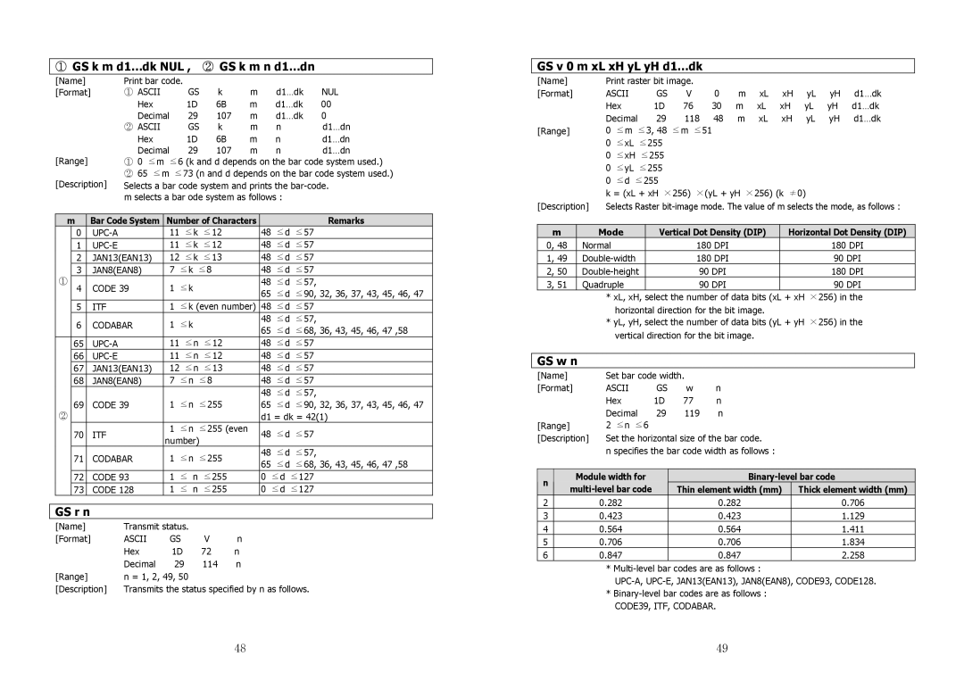 Samsung SRP-350 specifications ① GS k m d1…dk NUL ② GS k m n d1…dn, GS r n, GS v 0 m xL xH yL yH d1…dk, GS w n 