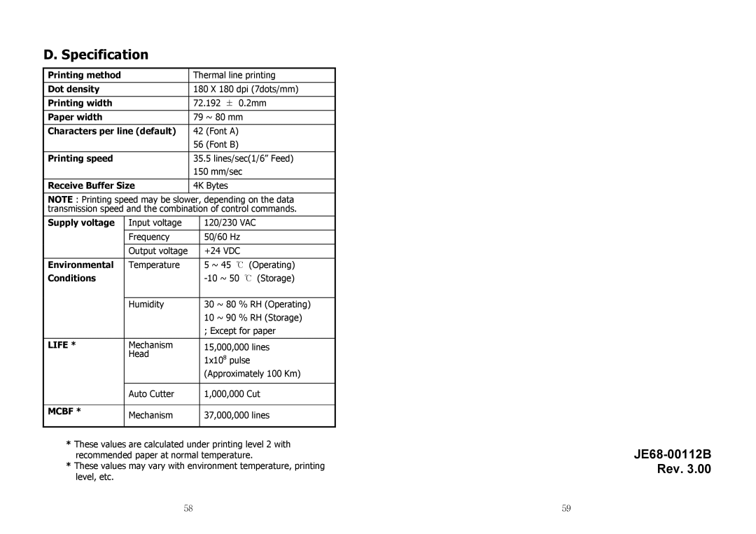 Samsung SRP-350 specifications Life, Mcbf 