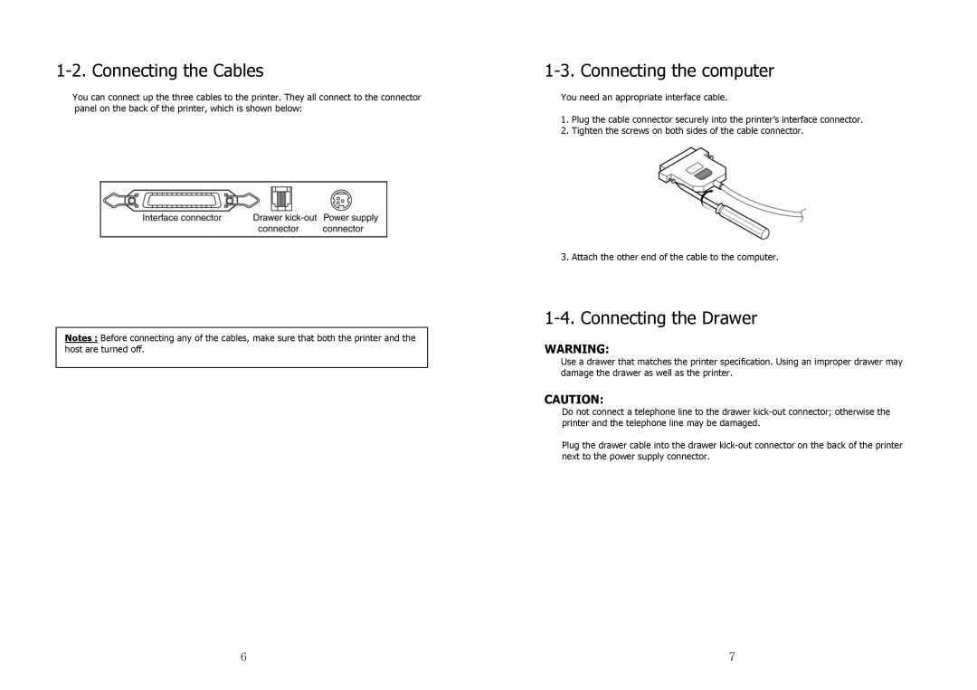 Samsung SRP-350 specifications Connecting the Cables, Connecting the computer, Connecting the Drawer 