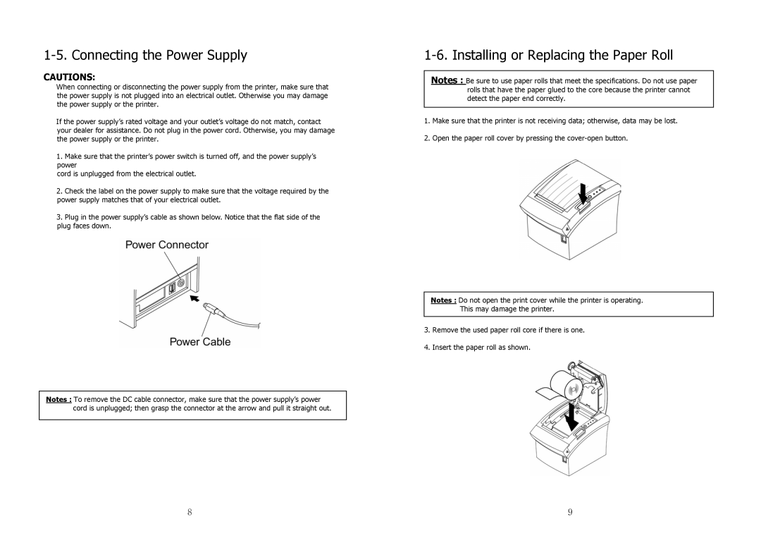 Samsung SRP-350 specifications Connecting the Power Supply, Installing or Replacing the Paper Roll 