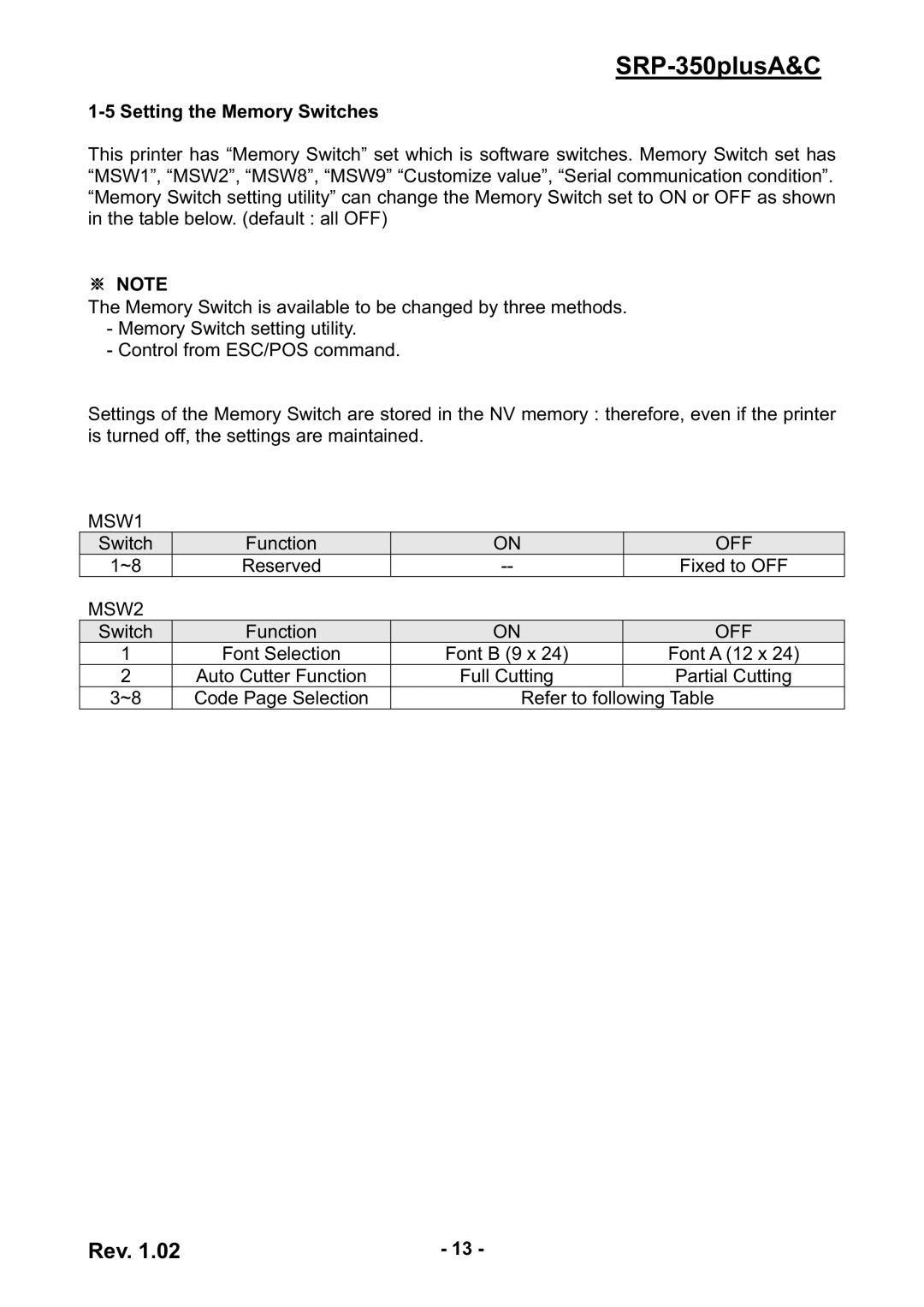 Samsung SRP-350PLUSA&C user manual Setting the Memory Switches 