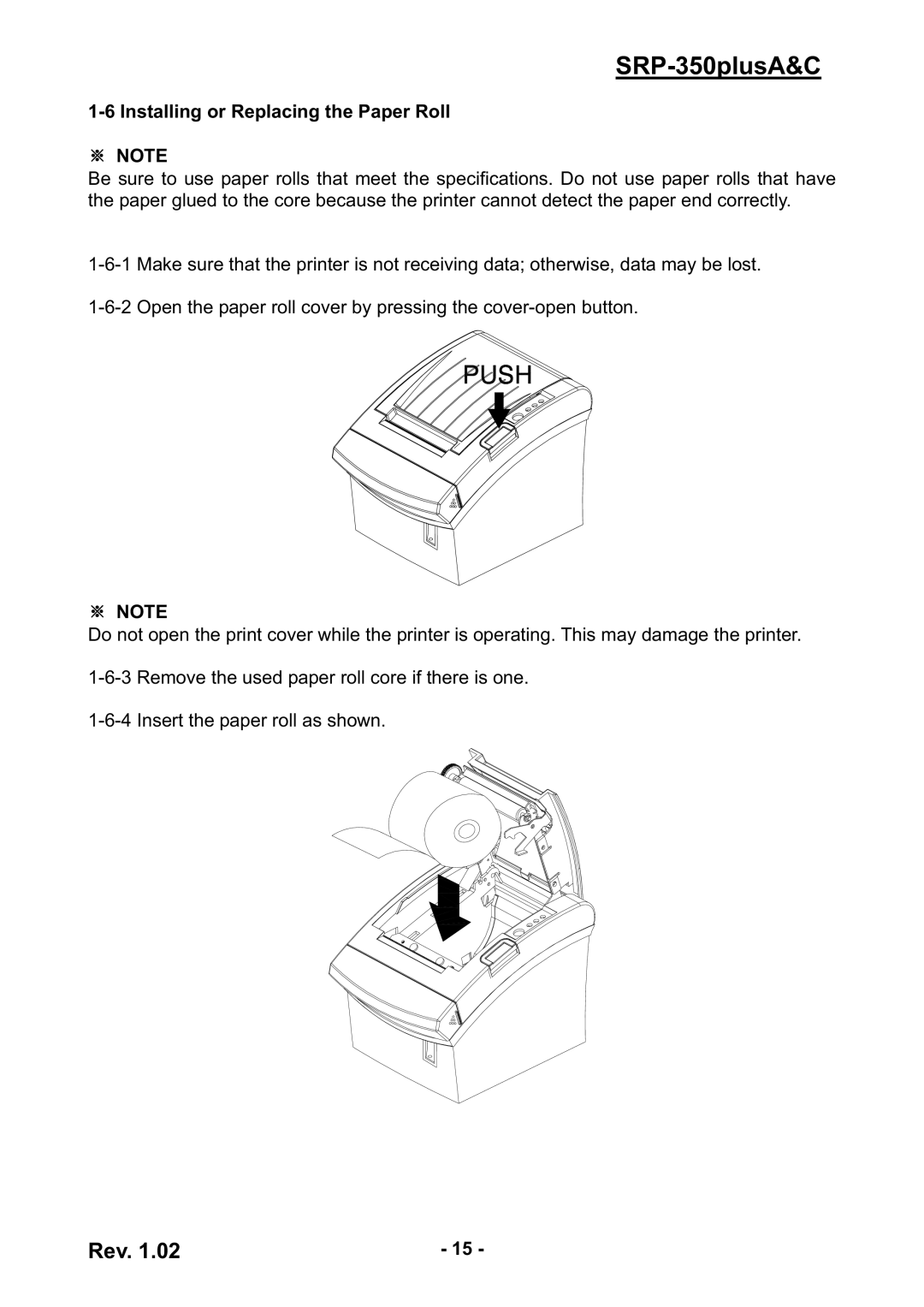 Samsung SRP-350PLUSA&C user manual Installing or Replacing the Paper Roll 