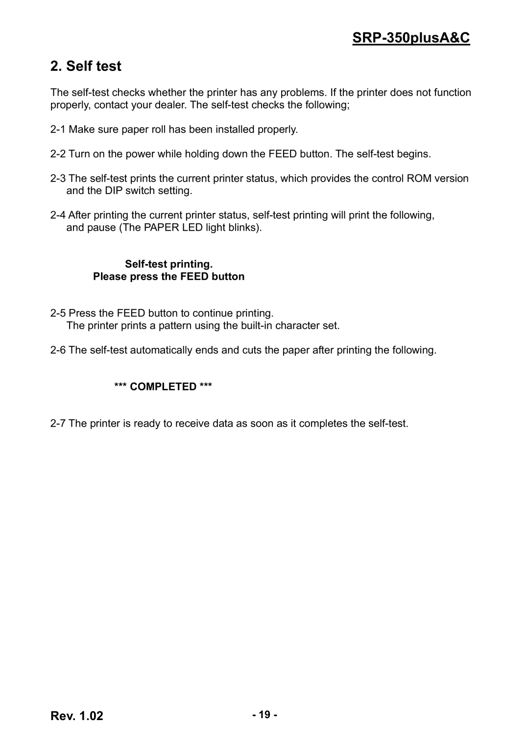 Samsung SRP-350PLUSA&C user manual SRP-350plusA&C Self test, Self-test printing Please press the Feed button 