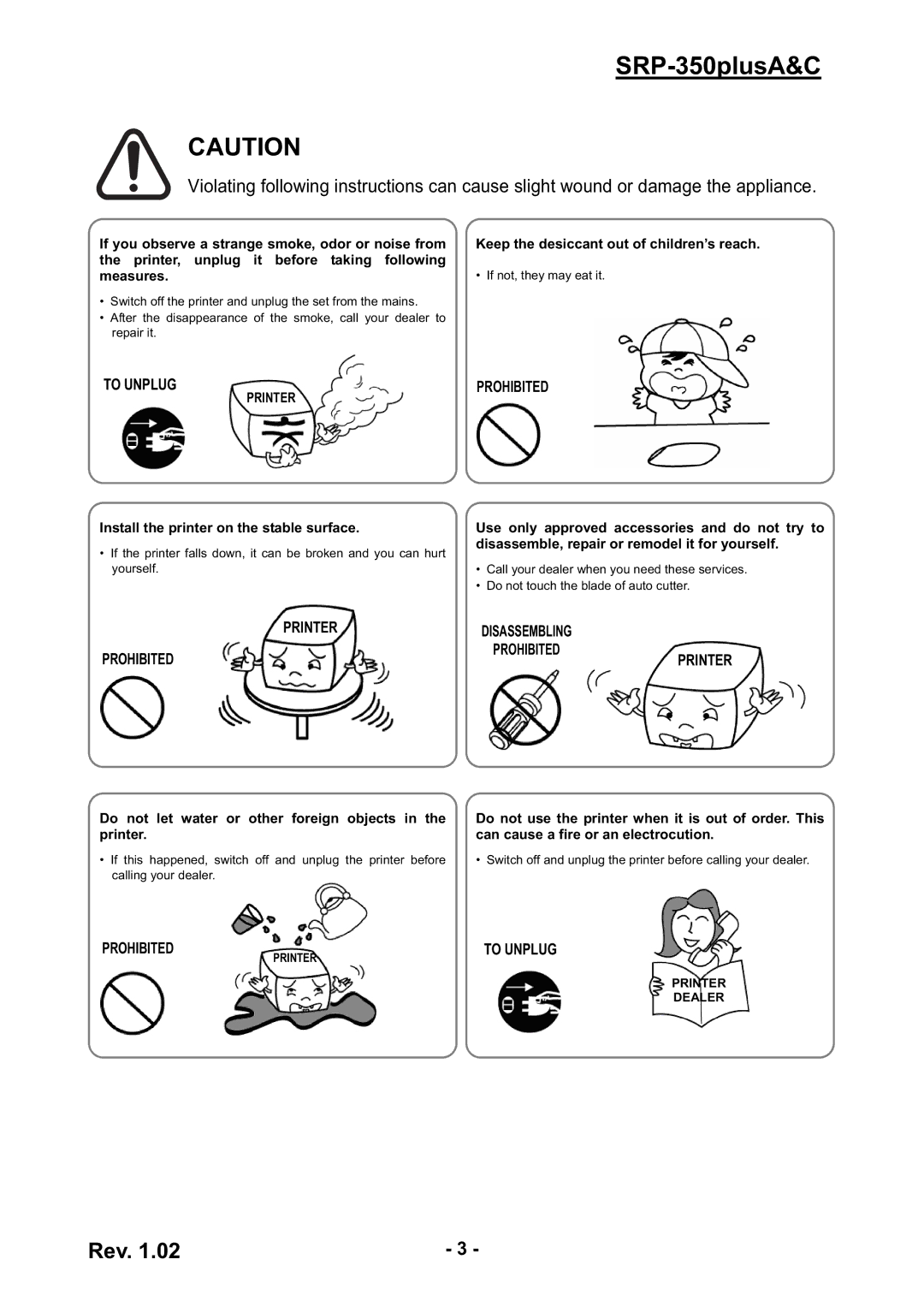 Samsung SRP-350PLUSA&C user manual SRP-350plusA&C, Printer Disassembling Prohibited 