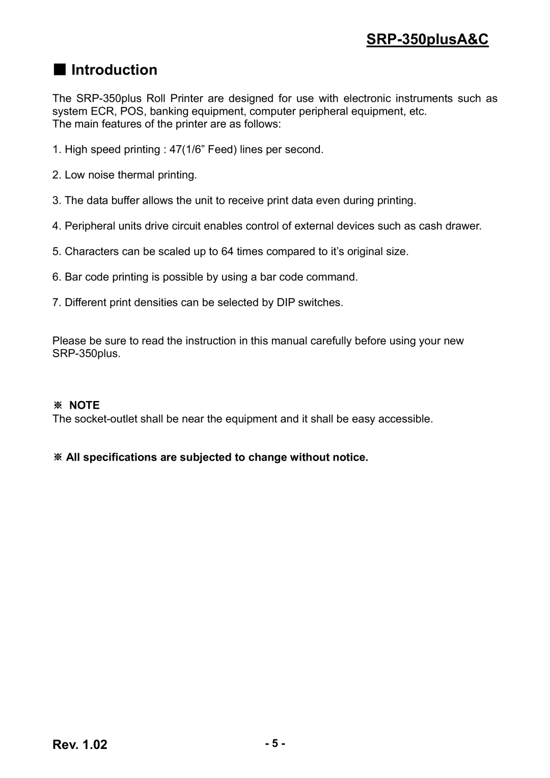 Samsung SRP-350PLUSA&C user manual SRP-350plusA&C Introduction, All specifications are subjected to change without notice 