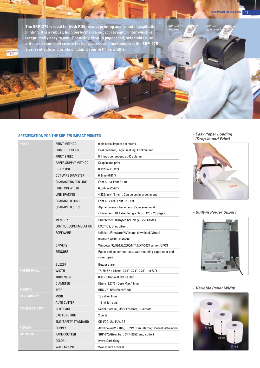 Samsung SRP-370, SRP-372 manual Specification for the SRP-275 Impact Printer 