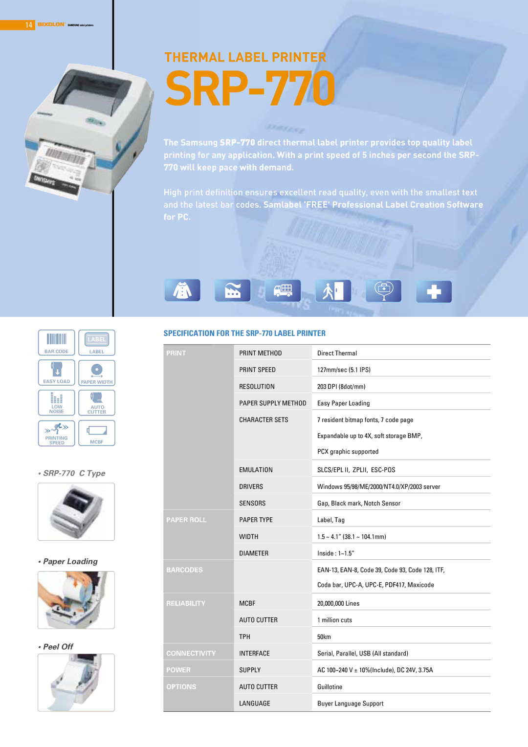 Samsung SRP-275, SRP-370, SRP-372 manual SRP-770 C Type, Specification for the SRP-770 Label Printer 