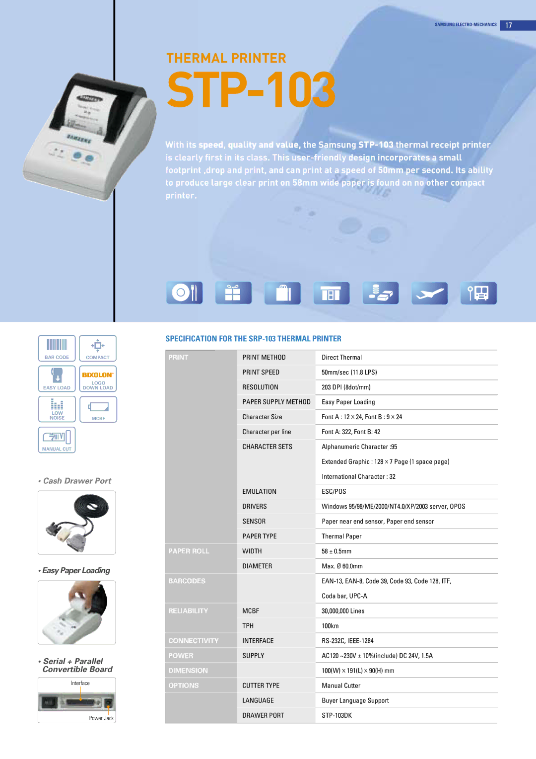 Samsung SRP-275, SRP-370, SRP-372 manual STP-103, Cash Drawer Port, Specification for the SRP-103 Thermal Printer 