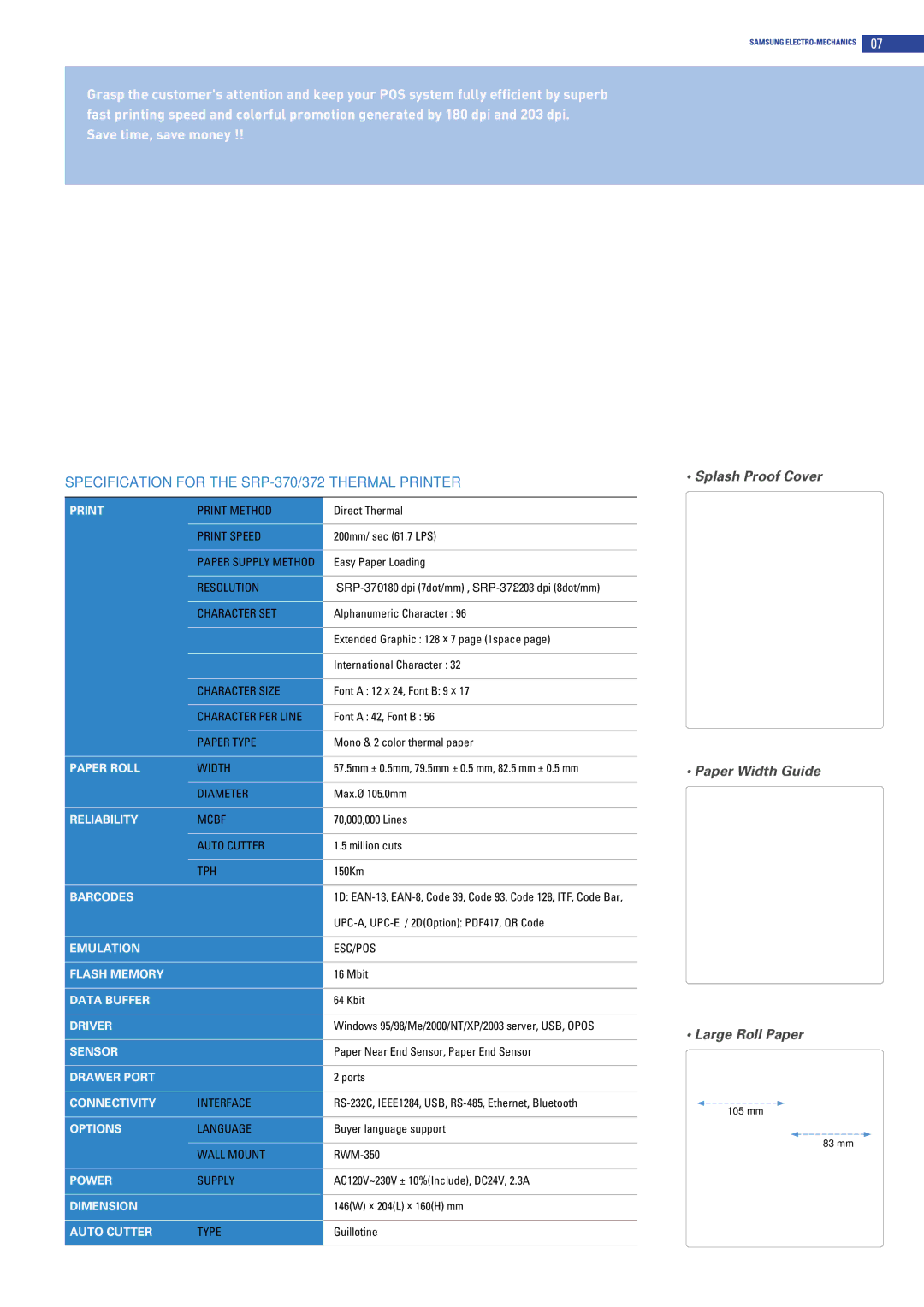 Samsung SRP-372, SRP-275 manual Specification for the SRP-370/372 Thermal Printer 