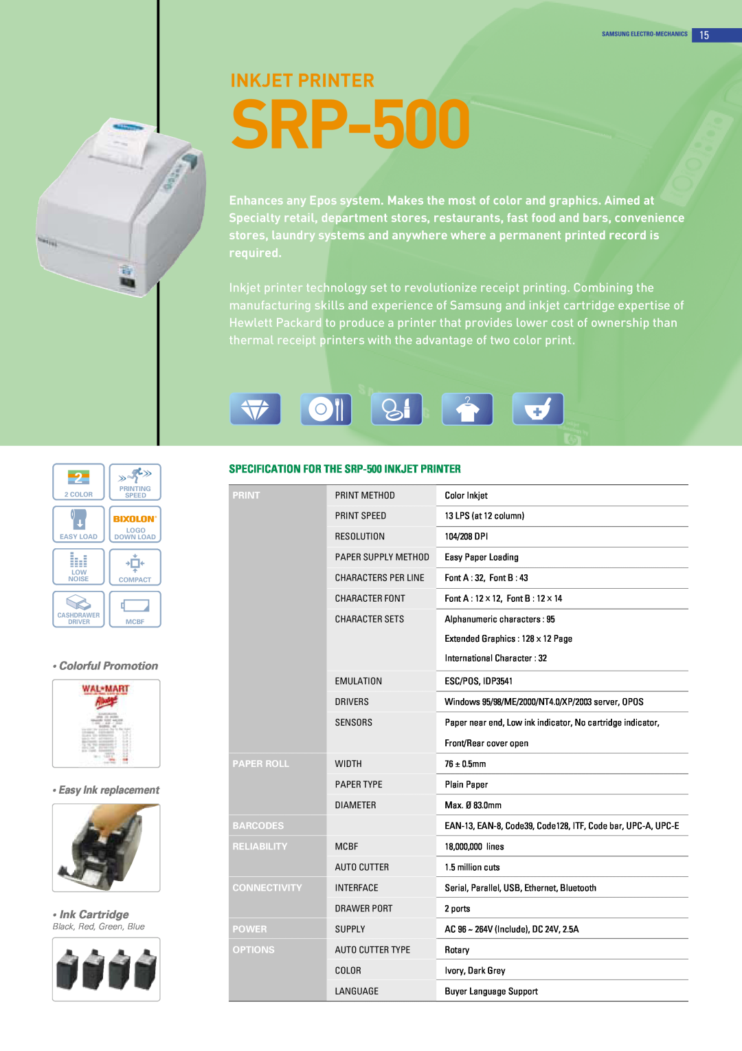 Samsung SRP-370, SRP-372, SRP-275 manual Inkjet Printer, SPECIFICATION FOR THE SRP-500 INKJET PRINTER 