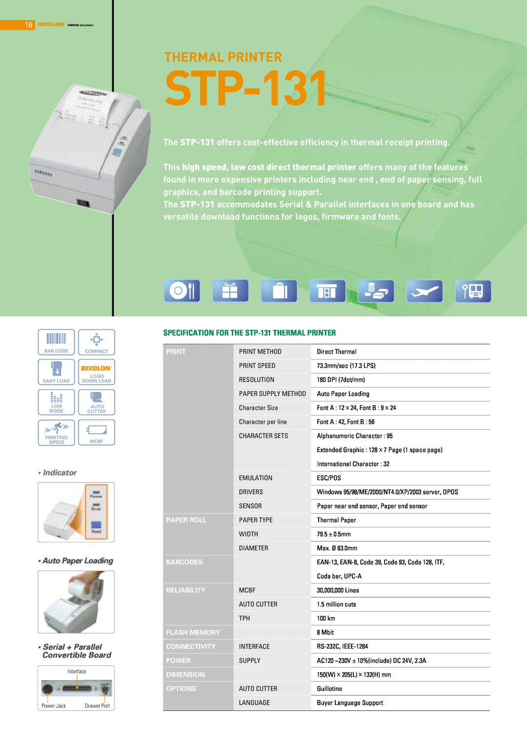Samsung SRP-372, SRP-370, SRP-275 manual STP-131, Thermal Printer, Auto Paper Loading Serial + Parallel Convertible Board 