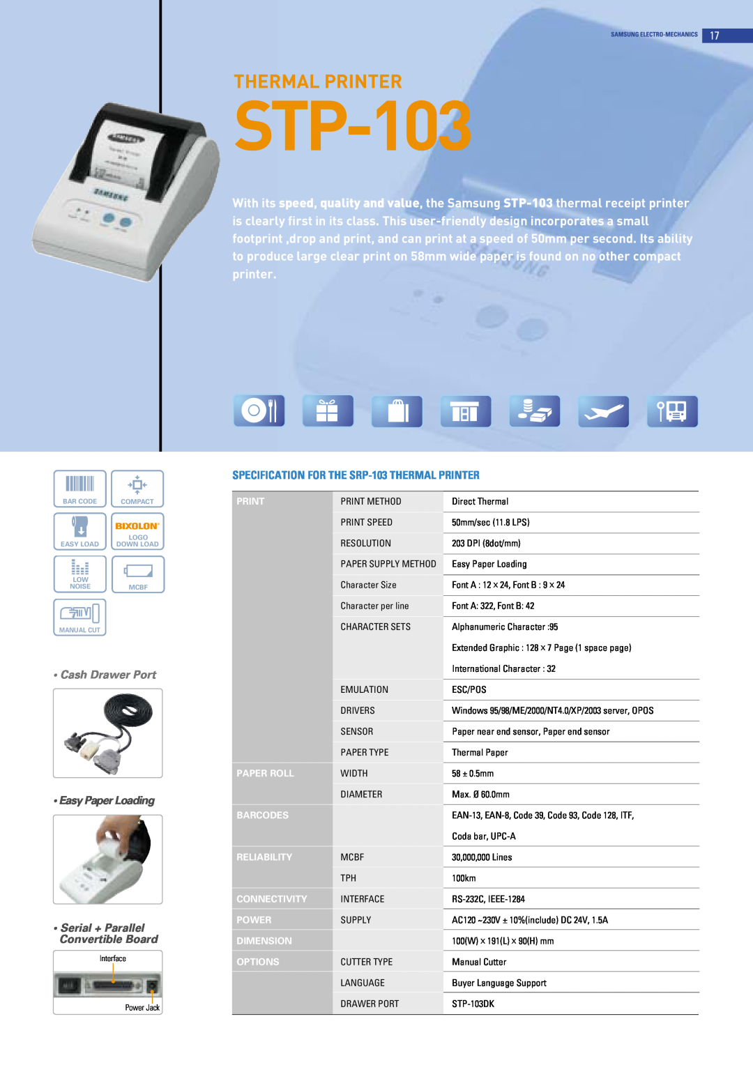 Samsung SRP-275 manual STP-103, Thermal Printer, Cash Drawer Port, Easy Paper Loading Serial + Parallel Convertible Board 