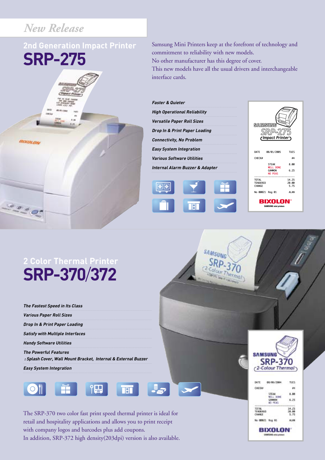 Samsung SRP-372 manual SRP-275, SRP-370/372, New Release, Color Thermal Printer, 2nd Generation Impact Printer 