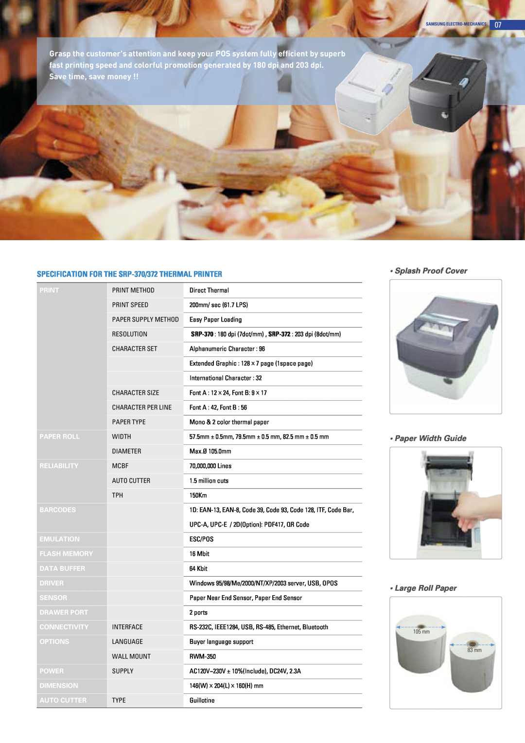 Samsung SRP-372 SPECIFICATION FOR THE SRP-370/372 THERMAL PRINTER, Splash Proof Cover Paper Width Guide Large Roll Paper 