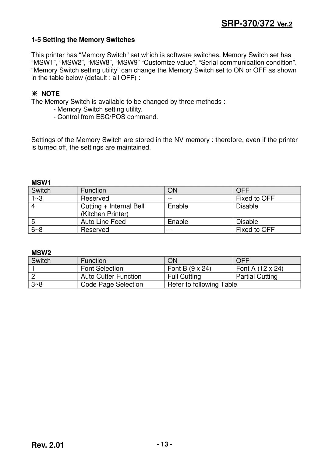 Samsung SRP-372 user manual Setting the Memory Switches, MSW1, MSW2 