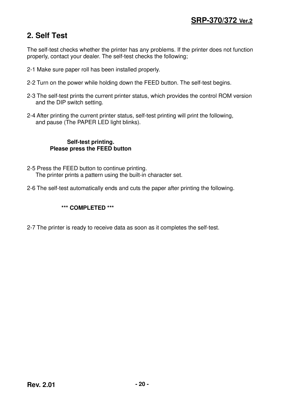 Samsung SRP-372 user manual SRP-370/372 Ver.2 Self Test, Self-test printing Please press the Feed button, Completed 